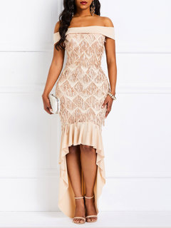 Asymmetrical Off The Shoulder Plain Asymmetrical Polyester Maxi Dresses (Style V201236)