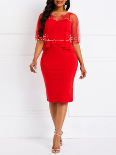 Elegant Bodycon Plain Patchwork Spandex Work Dresses (Style V201239)