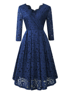 Elegant Expansion V-neck Lace Lace Midi Dresses (Style V201240)