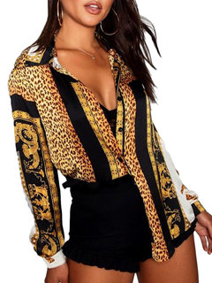 Shawl Collar Midi Loose Leopard Polyester Blouse (Style V201243)