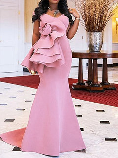 Western Expansion V-neck Plain Ruffle Maxi Dresses (Style V201246)