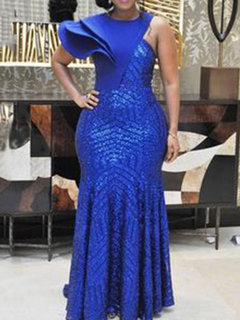 Bodycon Round Neck Plain Cascading Ruffle Bodycon Dresses (Style V201247)