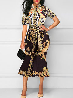 Elegant Mermaid Polo Neck Print Polyester Midi Dresses (Style V201248)