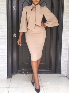 Work Bodycon Plain Satin Knee Length Dresses (Style V201256)