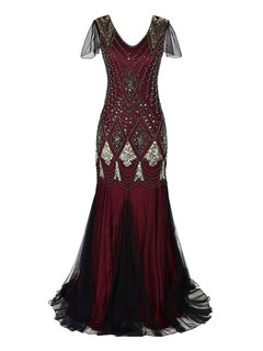 Party Mermaid V-neck Patchwork Polyester Maxi Dresses (Style V201258)