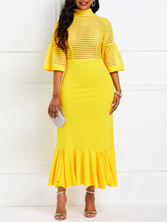 Travel Look Mermaid Plain Patchwork Satin Midi Dresses (Style V201263)