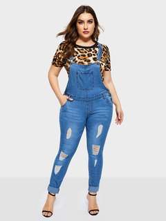 Slim Plus Size Plain Denim Suspenders Jumpsuit (Style V201271)