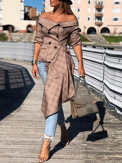 Off The Shoulder Midi Slim Plaid Asymmetrical Blouse (Style V201281)