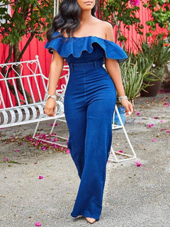 Maxi Slim Date Night Denim Patchwork Jumpsuit (Style V201284)