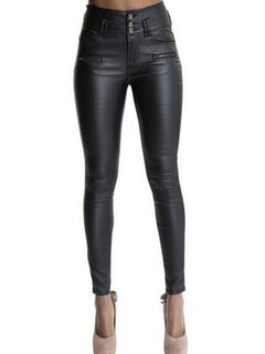 Maxi Skinny Fashion Button Pu Leather Casual Pants (Style V201285)