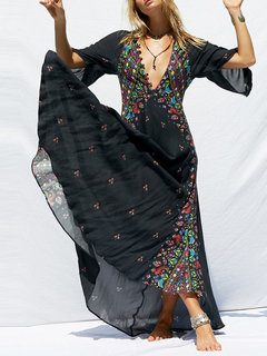 Travel Look Expansion V-neck Print Polyester Maxi Dresses (Style V201290)