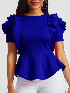 Round Neck Standard Slim Plain Cascading Ruffle Blouse (Style V201294)
