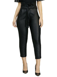 Mid-Calf Slim Strappy Pu Leather Plain Casual Pants (Style V201297)