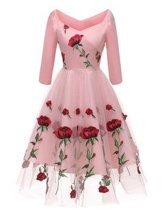 Party Trumpet Floral Patchwork Polyester Knee Length Dresses (Style V201298)