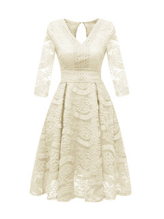 Elegant A-line V-neck Lace Polyester Knee Length Dresses (Style V201300)