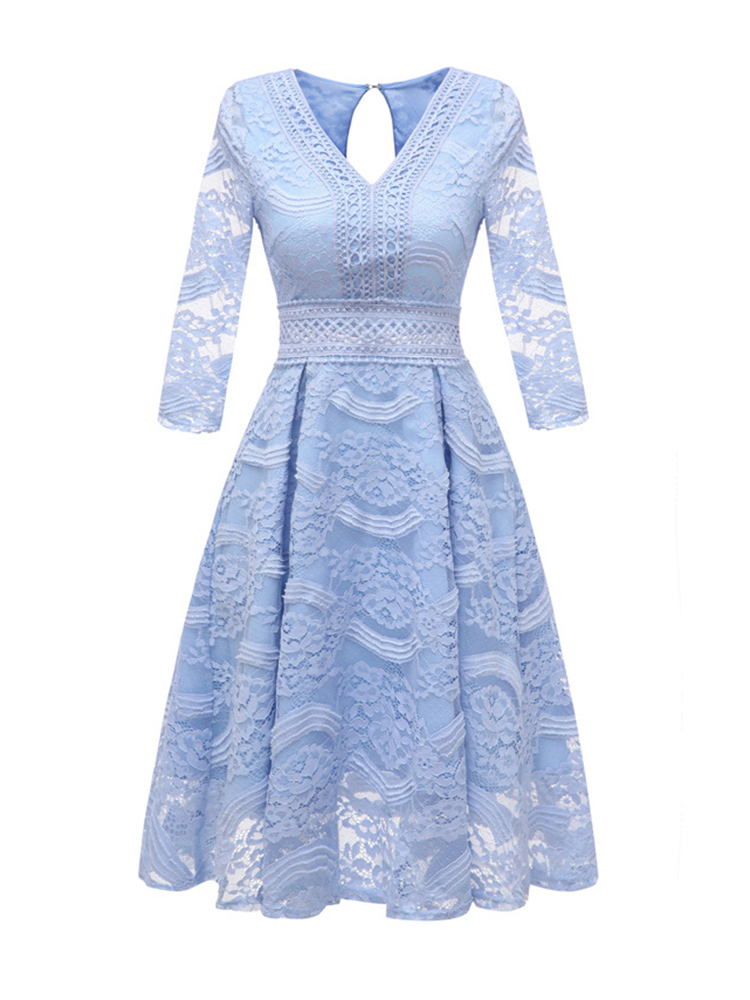 Light Blue Elegant A-line V-neck Lace Polyester Knee Length Dresses ...