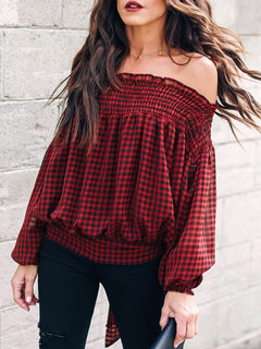 Off The Shoulder Standard Sexy Plaid Polyester Blouse (Style V201311)