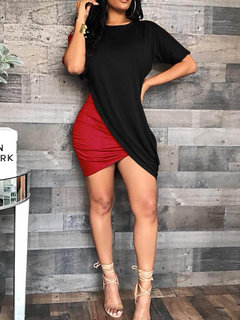 Office Round Neck Color Block Patchwork Milk Fiber Work Dresses (Style V201313)