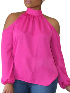 Standard Loose Sexy Plain Polyester Blouse (Style V201318)