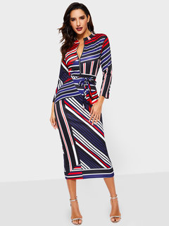 Bodycon Stand Collar Striped Zipper Polyester Bodycon Dresses (Style V201319)