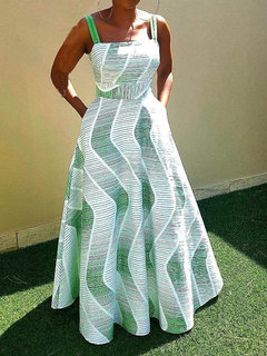 Elegant Expansion Square Neck Striped Satin Maxi Dresses (Style V201329)