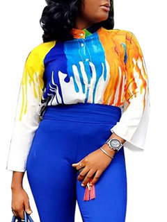 Stand Collar Loose Casual Polyester Pattern Blouse (Style V201335)