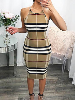 Fashion Bodycon Plaid Patchwork Polyester Knee Length Dresses (Style V201357)