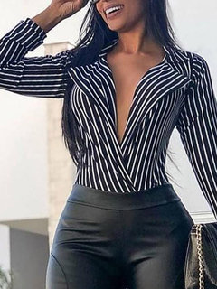 Standard Slim Striped Cotton Blends Pattern Blouse (Style V201359)