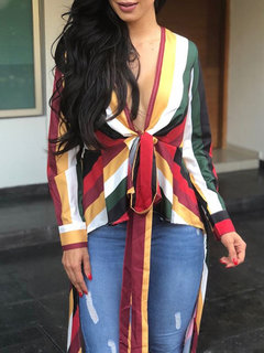 V-neck Casual Striped Polyester Asymmetrical Blouse (Style V201375)