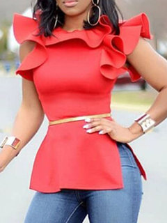Round Neck Slim Plain Polyester Cascading Ruffle Blouse (Style V201376)