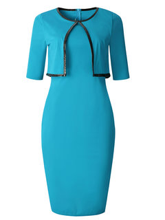 Work Bodycon Round Neck Plain Satin Knee Length Dresses (Style V201380)