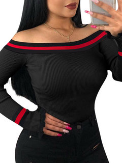 Off The Shoulder Slim Sexy Striped Polyester Sweater (Style V201383)