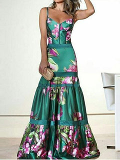 Western A-line Spaghetti Strap Color Block Print Casual Dresses (Style V201388)