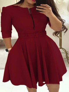 Basic A-line Plain Belt Casual Dresses (Style V201393)