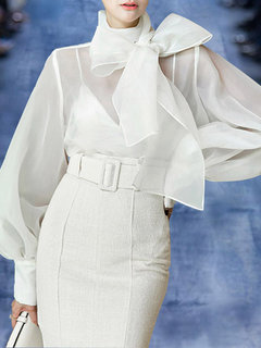 Stand Collar Standard Elegant Polyester Bow Blouse (Style V201398)