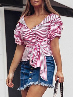 V-neck Standard Slim Polyester Strappy Blouse (Style V201405)