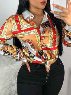 Shawl Collar Casual Geometric Polyester Pattern Blouse (Style V201409)