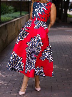 Western A-line Round Neck Print Satin Floral Dresses (Style V201412)