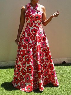 Western Expansion Lapel Floral Satin Maxi Dresses (Style V201414)