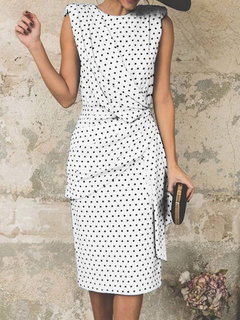 Basic Pencil Round Neck Polka Dot Polyester Casual Dresses (Style V201432)