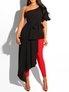 Long Slim Western Plain Asymmetrical Blouse (Style V201434)