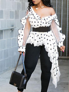 Midi Slim Western Polka Dot Asymmetrical Blouse (Style V201436)