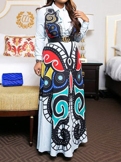 Western A-line Color Block Print Polyester Maxi Dresses (Style V201440)