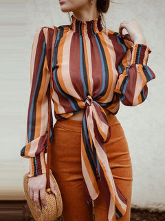 Loose Casual Striped Polyester Pattern Blouse (Style V201442)
