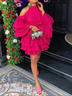 Western Off The Shoulder Plain Patchwork Polyester Mini Dresses (Style V201449)