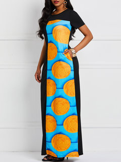 Western Straight Round Neck Color Block Print Casual Dresses (Style V201455)