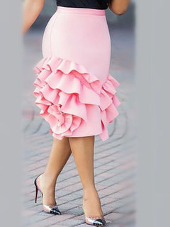 Knee Length Bodycon Fashion Ruffle Plain Skirt (Style V201467)