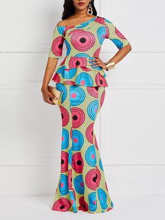 Western Mermaid Color Block Print Satin Maxi Dresses (Style V201476)