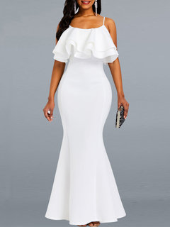 Western Mermaid Spaghetti Strap Plain Backless Maxi Dresses (Style V201486)