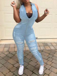 Maxi Slim Fashion Denim Cut Out Jumpsuit (Style V201492)